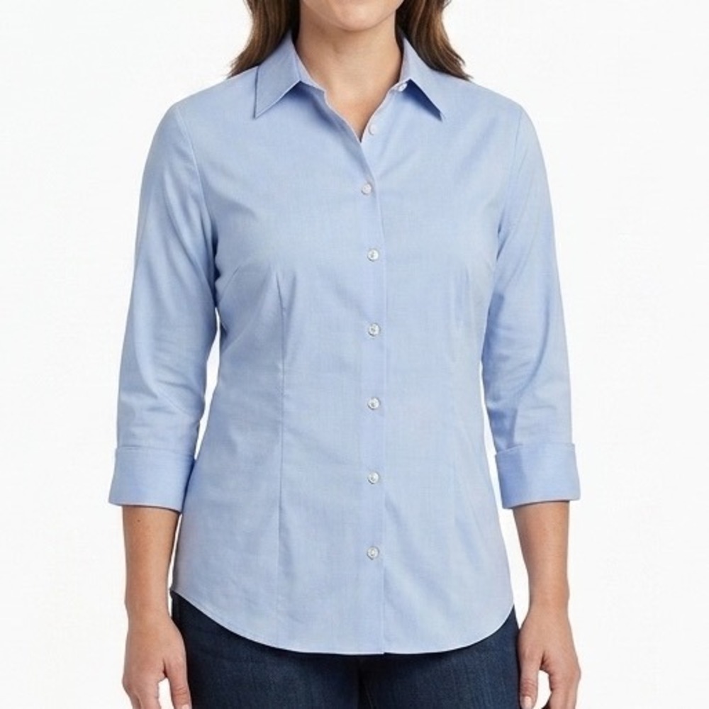 Croft & Barrow Womens Light Blue 3/4 Sleeve Cotton Button Up Stretch Shirt Large